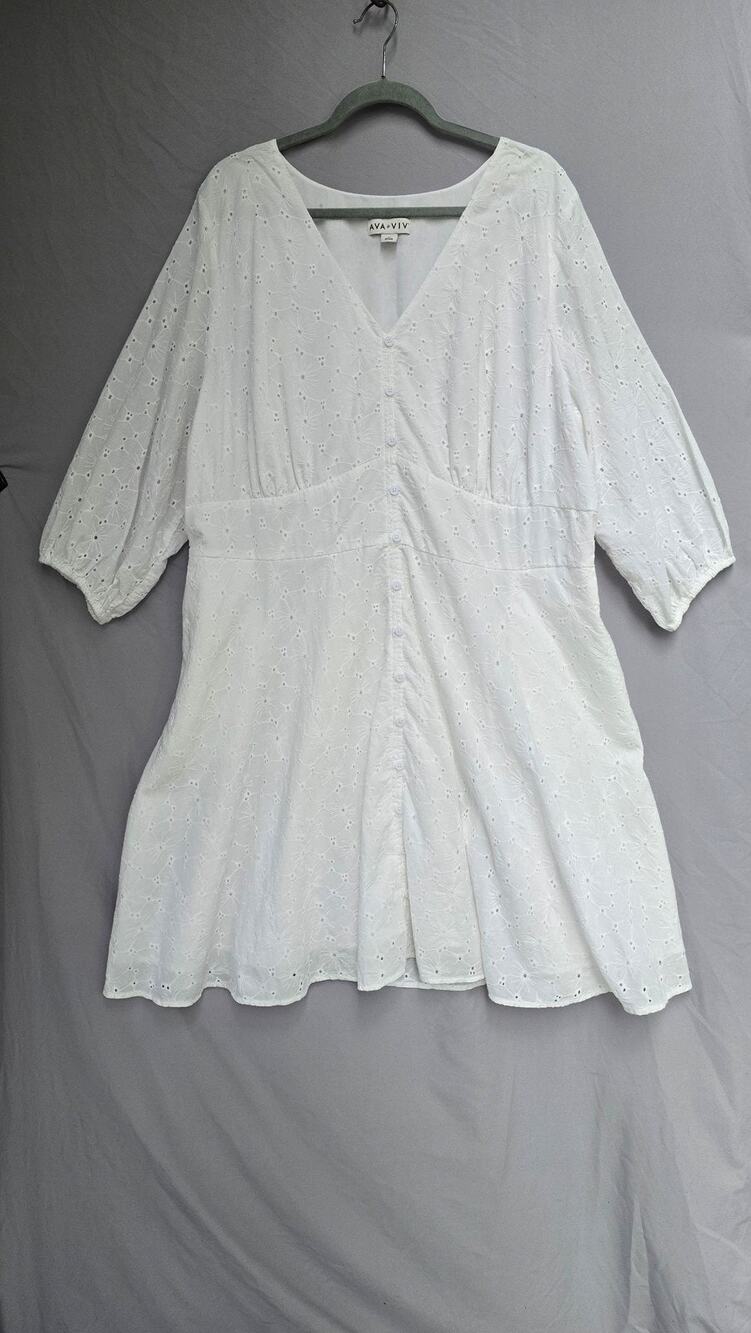 Ava & Viv Dress Womens 2X White Eyelet V Neck 3/4 Puff Sleeve Fit & Flare Short